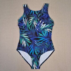 ECUPPER‎ Womens Tropical Leaf Print One Piece Swimsuit Blue Green Size 10 NWT